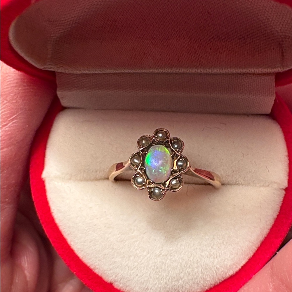 Antique Opal And Seed Pearls Ring Yellow Gold